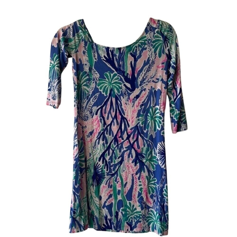 Lilly Pulitzer Multi Jet Stream Lori Off Shoulder Dress XXS Blue Pink Coral